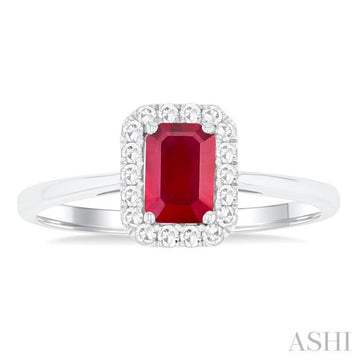 6x4 MM Octagonal Shape Ruby and 1/6 Ctw Round Cut Diamond Halo Precious Ring in 10K White Gold